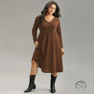 Brown ribbed knit V-neck midi office dress with buttons and boots