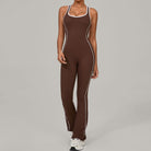 Brown and white striped Lululemon Beauty Back yoga jumpsuit in langry fashion