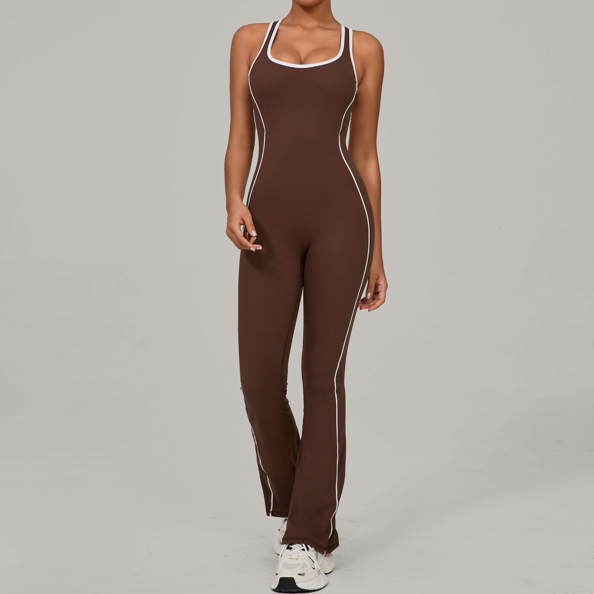 Brown and white striped Lululemon Beauty Back yoga jumpsuit in langry fashion