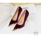 Burgundy velvet high heels with gold pointed tips, Cocktail Luxury fashion