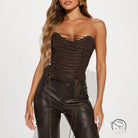Langry fashion brown leather strapless corset top with lace-up front and high-waisted pants