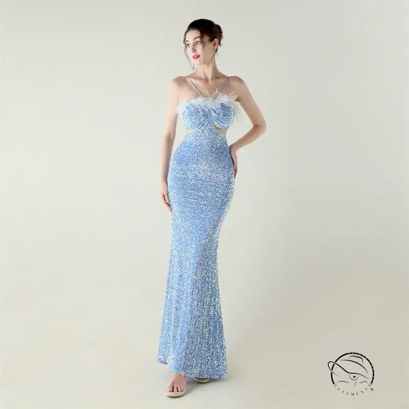 Light blue sequined mermaid langry evening dress by Velvet Craft