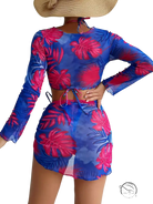 Four piece lace up swimsuit in vibrant blue pink tropical leaf print mesh