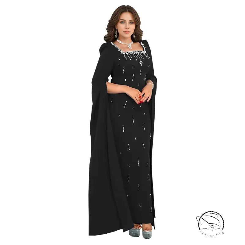 Elegant black embellished langry fashion gown in sleeve drilling dress