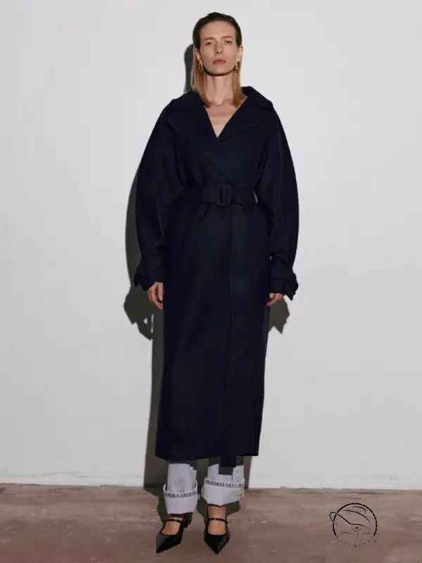 Langry navy blue wool trench coat with belted waist and flared sleeves for winter fashion
