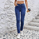 Blue skinny cargo jeans with side pockets in stretch slimming style