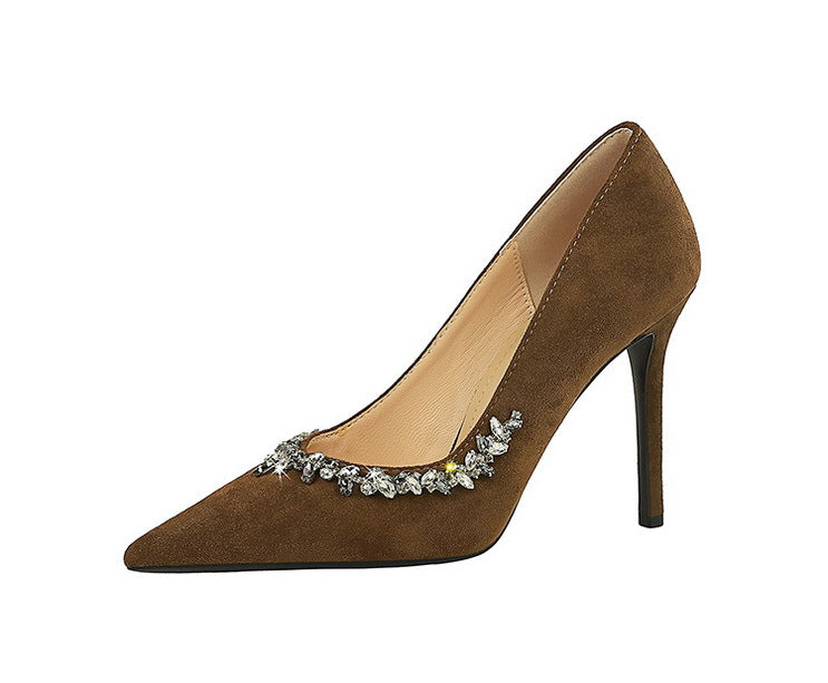 Elegant brown suede Rhinestone Cocktail Stiletto Heel with rhinestone embellishment in Langry fashion
