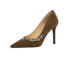 Elegant brown suede Rhinestone Cocktail Stiletto Heel with rhinestone embellishment in Langry fashion