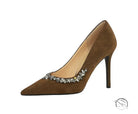 Elegant brown suede Rhinestone Cocktail Stiletto Heel with rhinestone embellishment in langry fashion