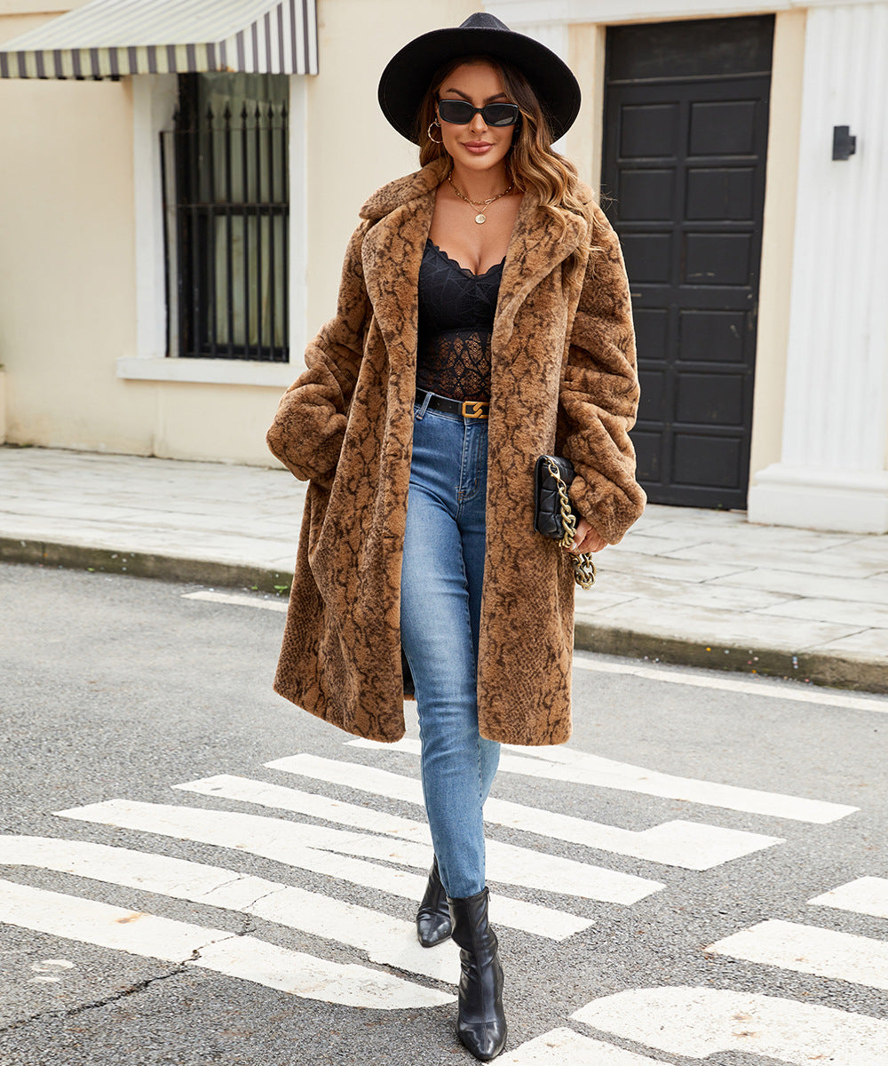 Modern retro faux fur plush coat in tan textured pattern