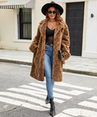 Modern retro faux fur plush coat in tan textured pattern