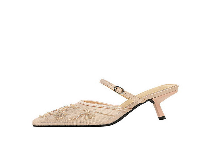 Langry fashion cream satin kitten heel mule with floral embroidery