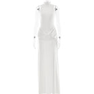 Elegant white long-sleeved maxi dress with silver embellishments, langry fashion ملابس