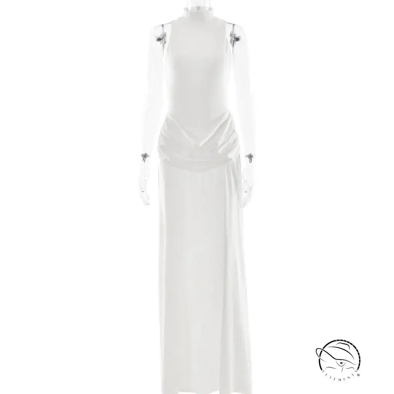 White long-sleeved maxi dress with high split, tight waist and silver embellishments