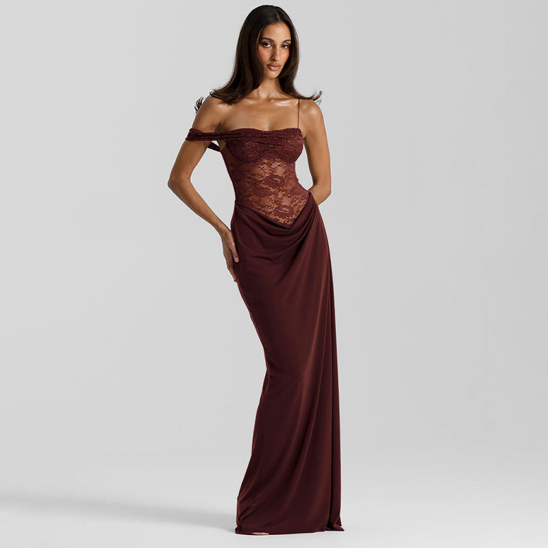 Burgundy satin enchanting strap lace dress with off-shoulder gown