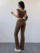 Langry casual sports fashion set: brown cropped top and flared pants