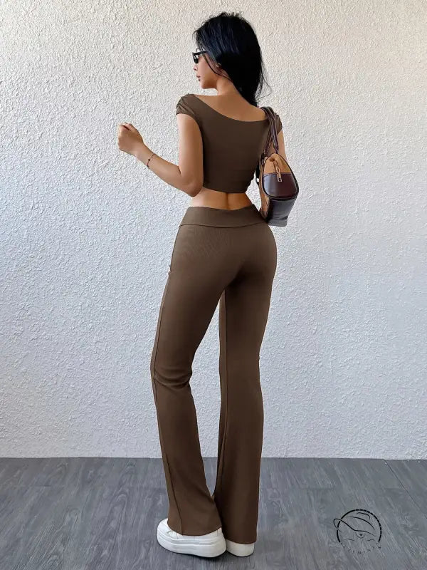 Langry casual sports fashion set: brown two-piece cropped top and flared pants