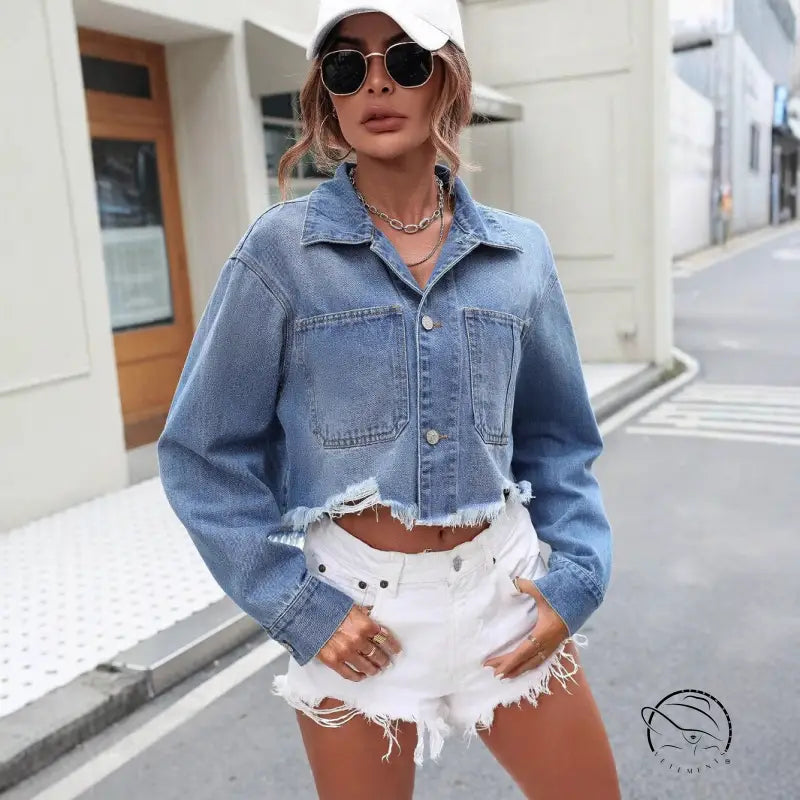 Cropped loose street denim short coat with distressed white shorts
