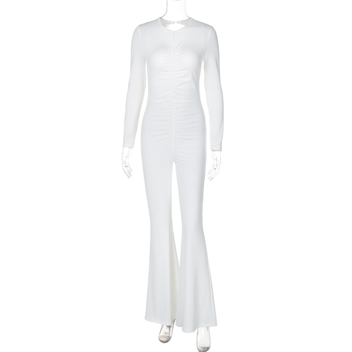 White long-sleeved jumpsuit with flared legs, perfect for stylish fashion moments and ملابس