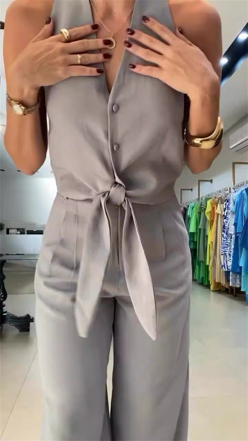 Elegant gray tie-waist jumpsuit from Langry fashion collection, perfect ملابس for office wear