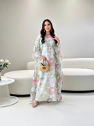 Enchanting embroidered floral print kaftan dress with langry fashion long sleeves