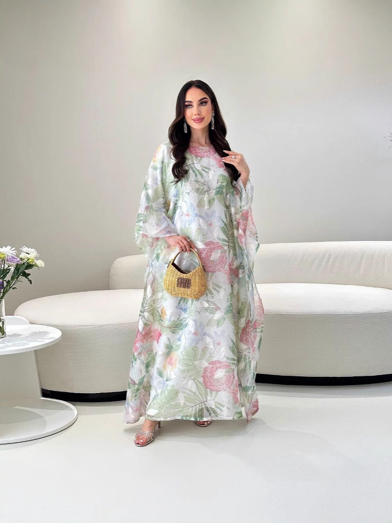 Enchanting embroidered floral print kaftan dress with langry fashion long sleeves