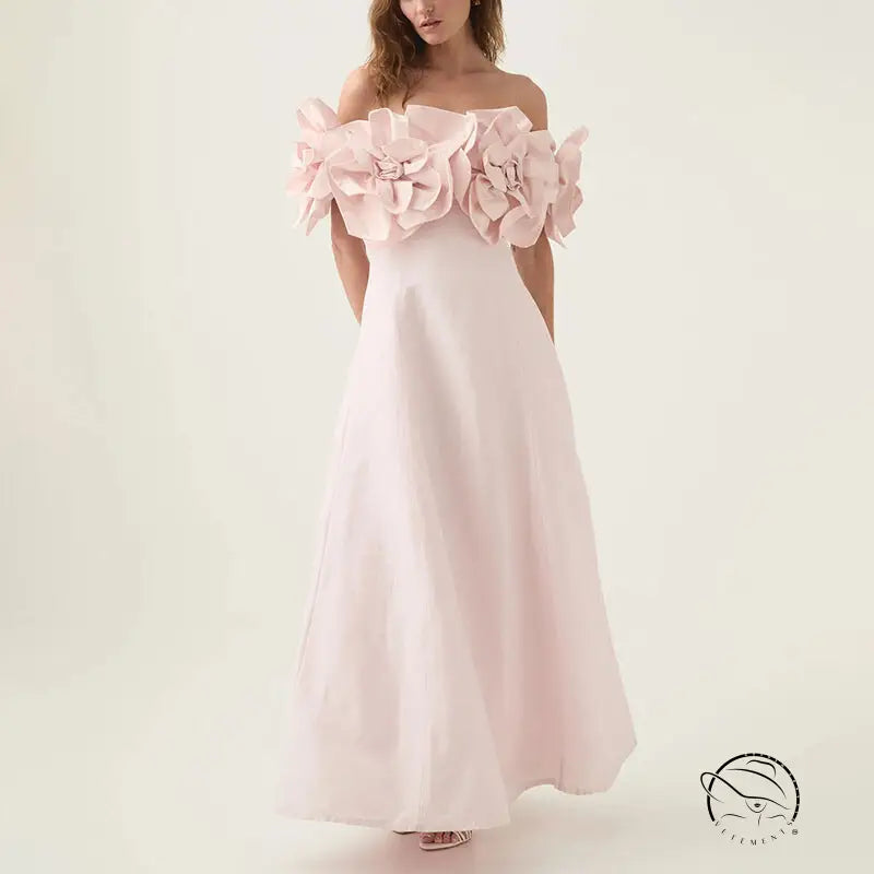Graceful tube maxi dress in off-the-shoulder pink floral gown by Langry