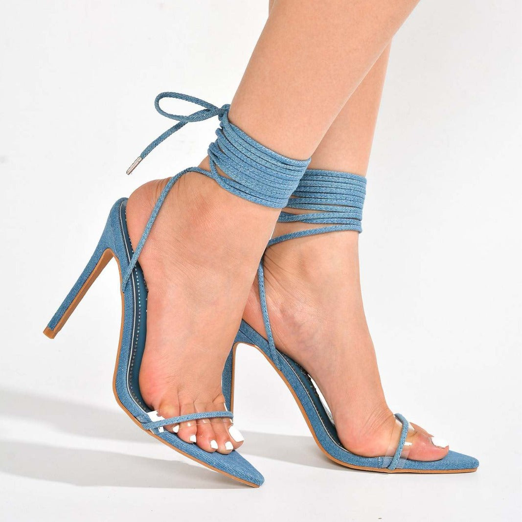 Denim-wrapped stiletto heels from Ankle Strap Stiletto Heels collection showcasing fashionable ملابس