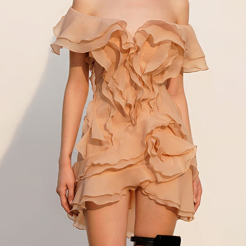 Elegant ruffled off-the-shoulder short sleeve peach dress showcasing stylish fashion