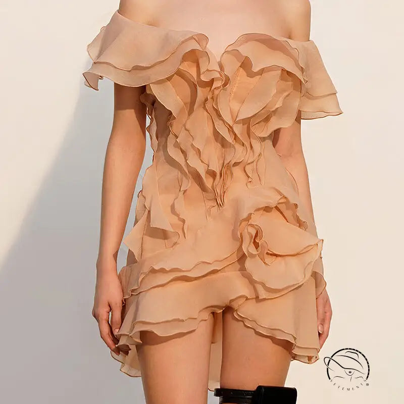 Ruffled off-the-shoulder peach dress in Langry fashion ملابس