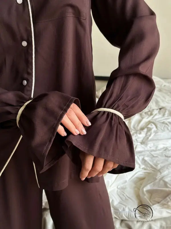 Langry fashion brown satin pajama set with bell sleeves and piping