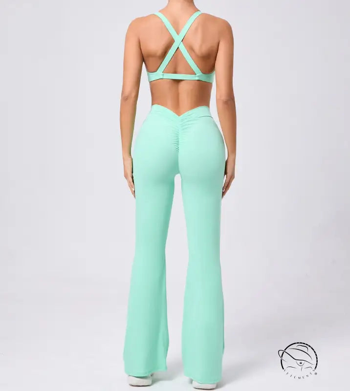 Peach hip raise tight brushed yoga clothes with mint green flared jumpsuit