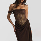 Enchanting strap lace dress with brown draped waist detail