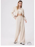 Beige minimalist loose fitness warm pants set with cropped top and jacket
