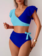 Two-tone blue ruffled swimsuit from Stunning High Waist Bikini, perfect for Langry fashion ملابس