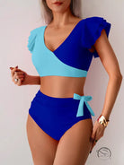Stunning high waist bikini in two-tone blue ruffled design