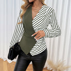 Langry fashion striped blouse with deep v-neck, peplum waist and olive green accents