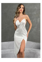 White satin langry slip dress with sweetheart neckline and side slit