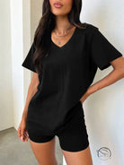 Black v-neck t-shirt and shorts in comfy daily set