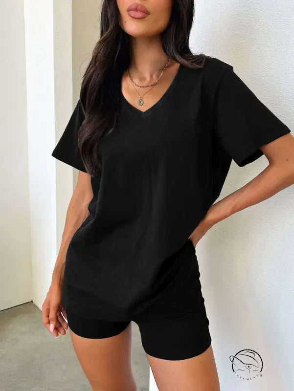 Black v-neck t-shirt and shorts in comfy daily set