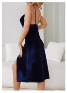 Langry navy blue velvet slip dress with spaghetti straps and high slit