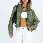 Langry olive green faux leather jacket with white trim