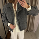 Gray tweed bomber jacket in cozy woolen Langry fashion coat with pockets and zipper