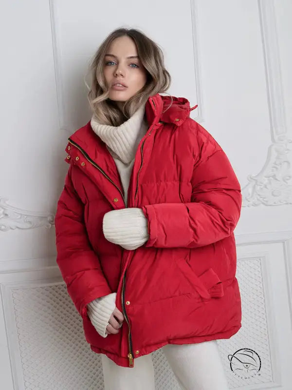 Red langry oversized puffer jacket with high collar and gold hardware