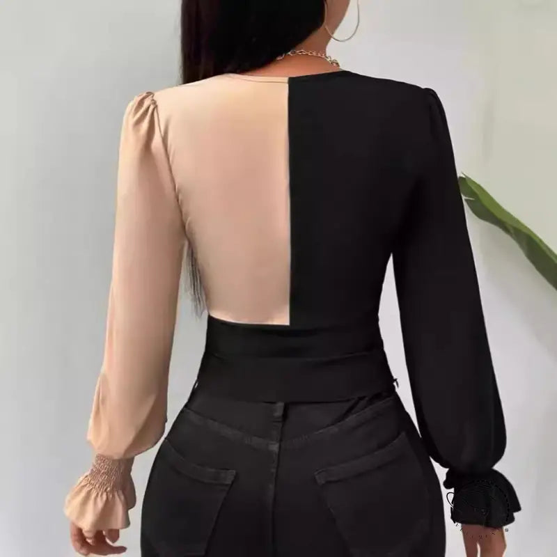 Elegant color matching two-tone long-sleeve bodysuit