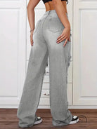 Gray high-waisted langry fashion jeans with distressed details and pockets