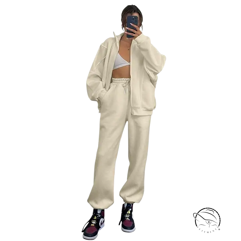 Cream-colored comfy stand collar cardigan sweater suit set