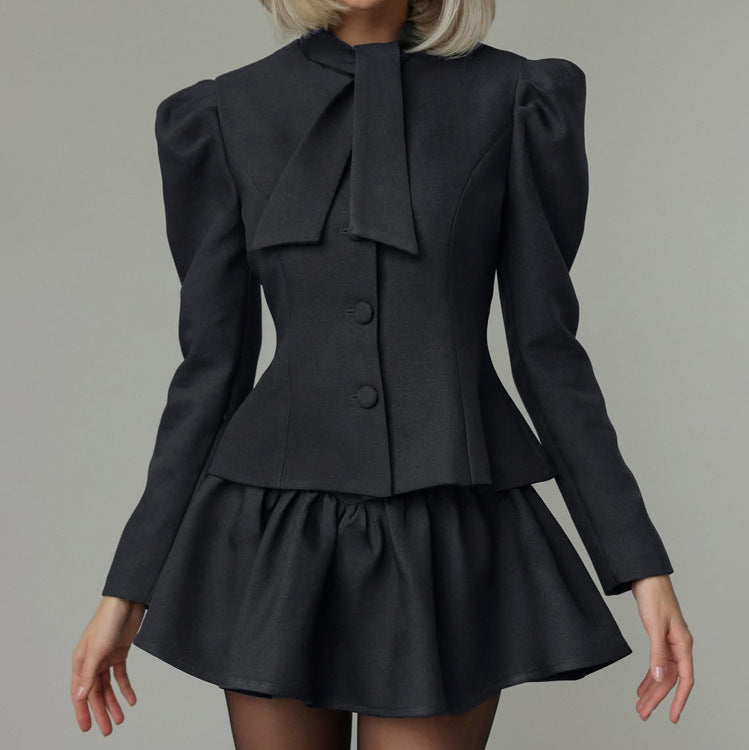 Niche Design Bow Tie Long Sleeve Top Skirt High Sense Two Piece Sets Elegant Outfit