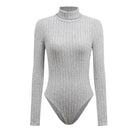 Silver ribbed long sleeve turtleneck bodysuit in slim fit fashion