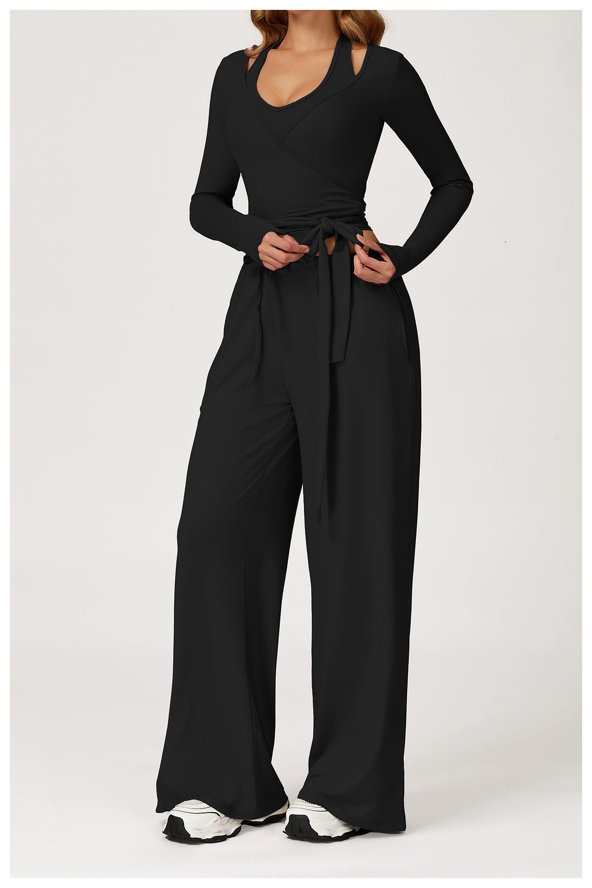 Black Langry Fashion Yoga Jumpsuit with Long Sleeves and Tie Waist